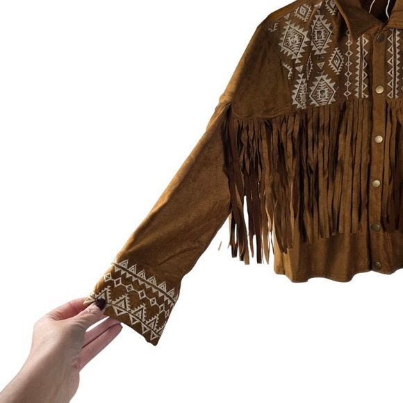 Savanna Jane Womens Suede Fringe Embroidered Geometric Boho Jacket Medium - Picture 4 of 6